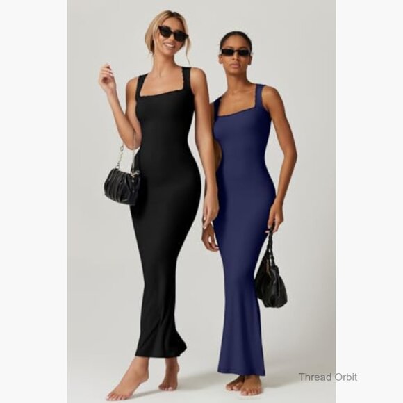 Sleeveless Maxi Dress Square Neck Lace Detail Ribbed Lounge Formal Slim Fit - Picture 6 of 7